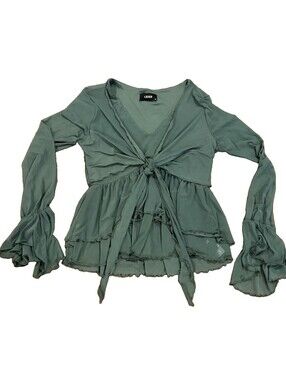 Cider XL Green Ruffle Puff Sleeve Tie Front Sheer Mesh Top Cottagecore Bow Y2K